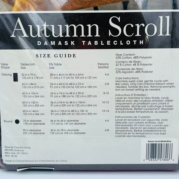 Fall Style Autumn Scroll Wine Cranberry Damask Oblong Oval Tablecloth 60” x 84” - Picture 6 of 8